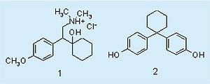 図 1.Venlafaxine((±))-1-[2(dimethylamino)-1-(4-methoxyphenyl)ethyl]cyclohexanolhydrochloride （構造 1） および1,1-bis(4-hydroxyphenyl)cyclohexane（構造 2）