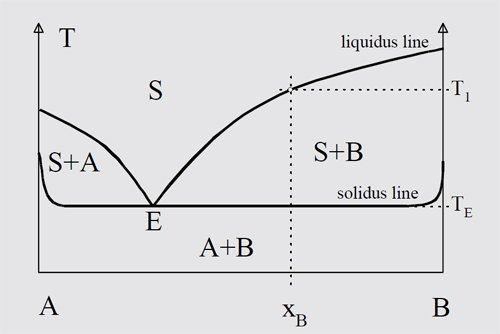 図1: 固相線の下では、両方の物質が別々の結晶形態の固体状態で存在します。二成分の混合物の温度をゆっくりと上昇すると、サンプルの一部が共融物の融点で融解します。また、この液体混合物相中に は、それが共融物組成の左側であれば純粋なA、-;{;j側であれば純粋なBが固体状態で存在します。さらに加熱すると残りの固相が融解していき最終的にはサンプル全体が、混合物Xaの初期の組成に 対応する温度で完全に融解します。液相線の上に存在する相は1つだけです（均一融解物）。