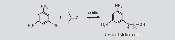 図2： 酸により触媒されるメチロール基の形成を伴うアミン基へのホルムアルデヒドへの負荷反応