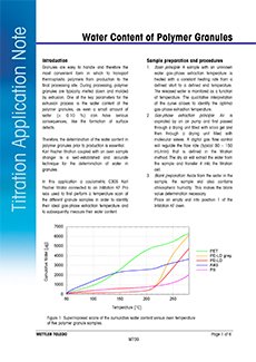 The application note describes sample preparation and procedures for water determination of polymer granules using Karl Fischer titration with an oven sample changer.